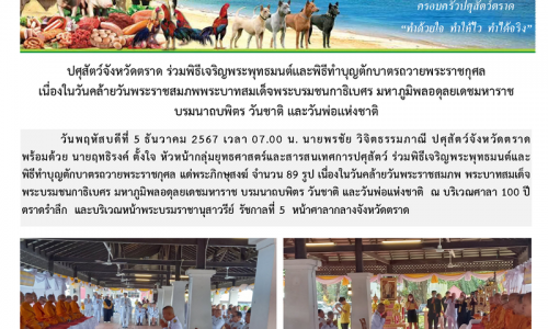 ปศุสัตว์จังหวัดตราด ร่วมพิธีเจริญพระพุทธมนต์และพิธีทำบุญตักบาตรถวายพระราชกุศล เนื่องในวันคล้ายวันพระราชสมภพพระบาทสมเด็จพระบรมชนกาธิเบศร มหาภูมิพลอดุลยเดชมหาราช บรมนาถบพิตร วันชาติ และวันพ่อแห่งชาติ